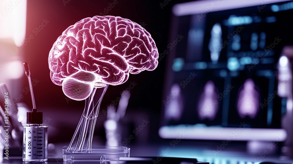 Poster intelligence cognitive optimization. transparent brain model with medical imagery backdrop.