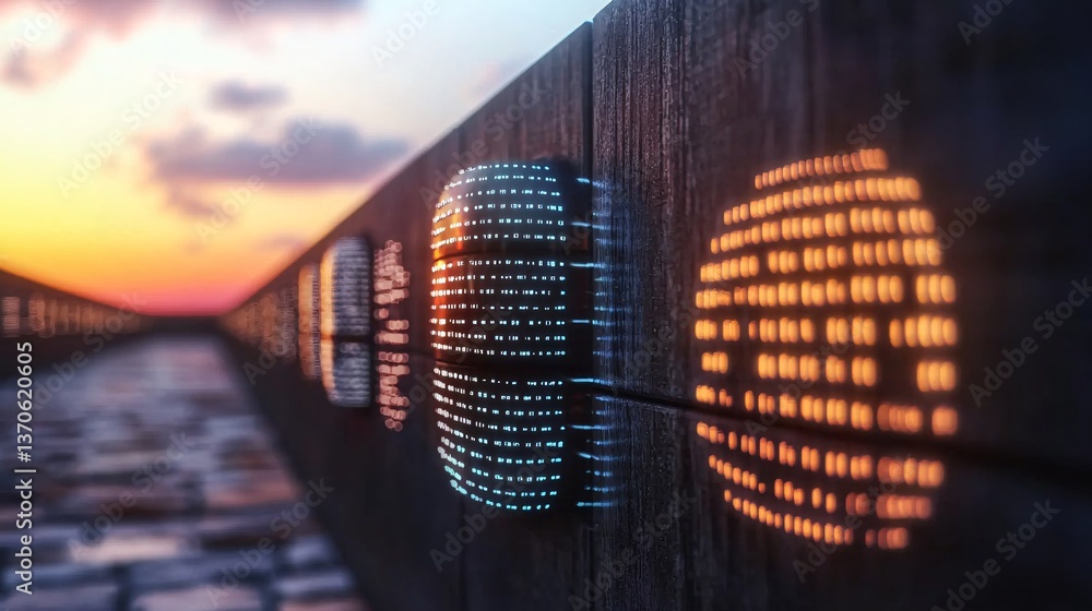 Poster intelligence cognitive optimization. illuminated digital display against a sunset backdrop.