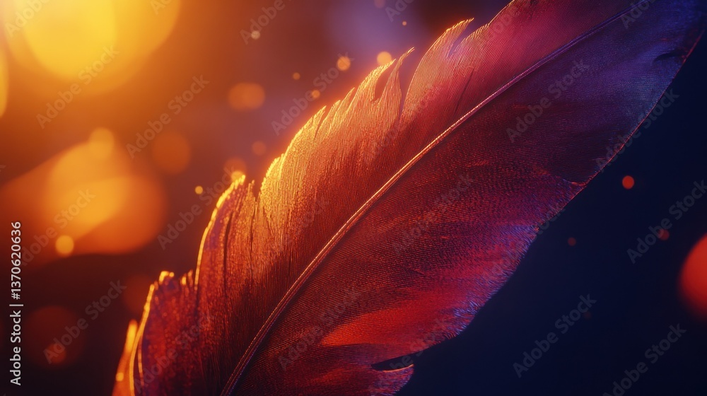 Poster a close up image of an illuminated colorful feather