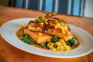 blackened fish on a grit cake, sautéed kale, and sweet corn relish