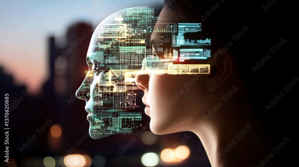 Poster intelligence cognitive optimization. futuristic blend of human and machine profiles with digital ele
