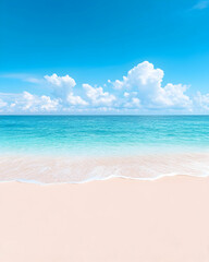 Fototapeta premium Tranquil beach scene with turquoise water, soft waves, and fluffy clouds under a vibrant blue sky
