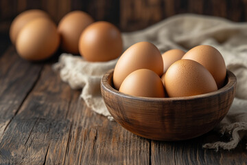 Brown eggs in a wooden bowl, placed on a rustic wooden surface.
