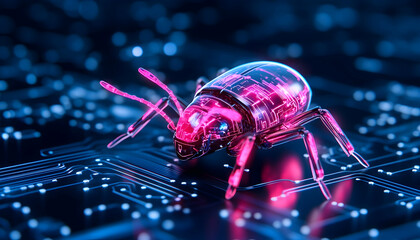 Translucent robotic insect crawls circuit board, symbolizing cyber threat