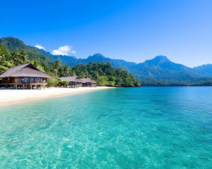 Tropical beach bungalows, crystal clear water, mountain backdrop