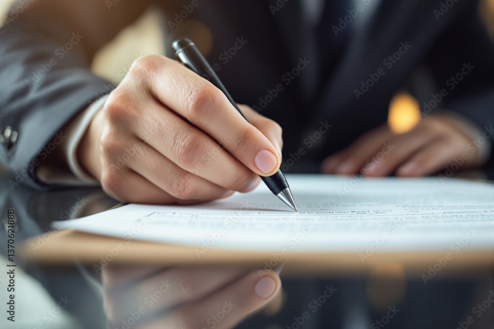 Poster close-up of a businessman signing a document with a pen on a reflective desk.