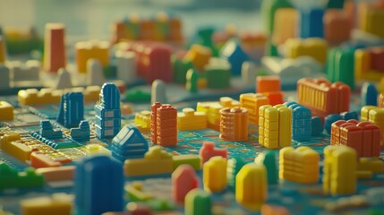 Obraz premium Colorful toy building blocks arranged to represent an abstract cityscape