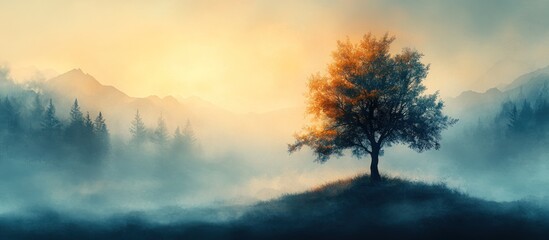 Fototapeta premium Misty Sunrise Mountain Landscape with Solitary Tree