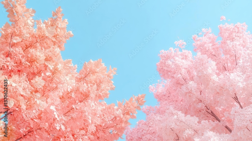 Aufkleber overhead shot of pink and coral foliage against a clear blue sky. the tree branches form a symmetric