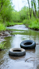 Two discarded tires in a tranquil forest stream