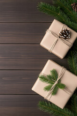 Two eco-friendly gifts wrapped in kraft paper with twine, pine sprigs, and pine cones on dark wood