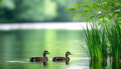 Two ducks swimming peacefully on a calm lake, surrounded by lush green vegetation