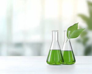 Two Erlenmeyer flasks filled with green liquid, a leaf rests on one, sit on a white table against a blurred background