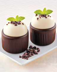 Two elegant dome-shaped desserts, creamy white filling, dark chocolate cups, chocolate shavings, mint garnish