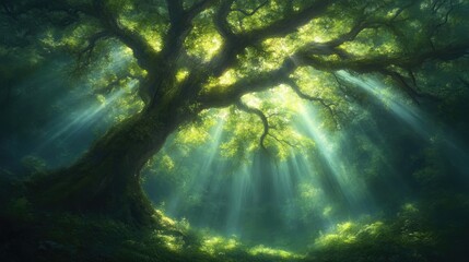 Obraz premium Majestic ancient tree bathed in sunlight, illuminating a dense forest floor. Lush greenery and sunlight rays create a serene, mystical atmosphere