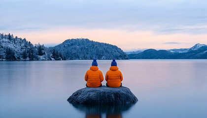 Two figures in orange jackets sit on a rock in a calm lake at dawn, snowy mountains in the background