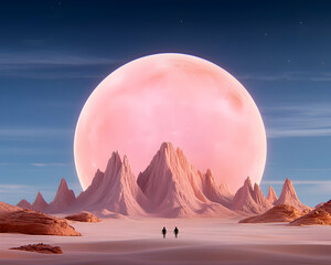 Two figures walk a desert landscape under a colossal pink moon