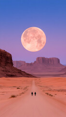 Two figures walk a desert road under a giant full moon at twilight, with sandstone mountains in the background