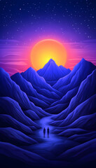 Two figures walk a path towards a large sun setting behind majestic mountains