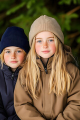 Two girls in winter hats and jackets, outdoors