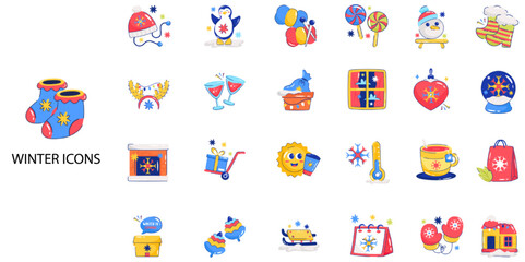 Fototapeta premium Winter simple concept 24 hand drawn color icons set. Contains such winter, shocks, cap, snow .Vector illustration.