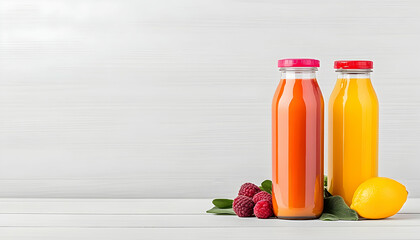 Two glass bottles of juice, one orange, one yellow, with raspberries and lemon
