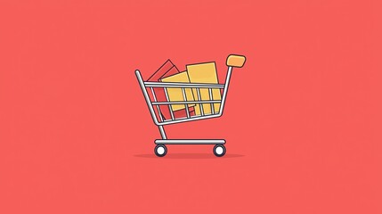 Shopping cart filled with packages against a simple red background