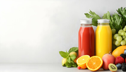 Two glass bottles of fresh fruit juice with assorted fruits