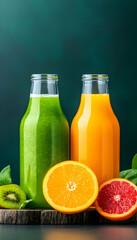 Two glass bottles filled with green and orange juice, accompanied by sliced oranges, kiwi, and spinach leaves on a dark surface against a green background
