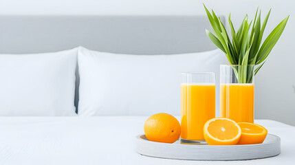 Two glasses of orange juice, oranges, and pandan leaves on a tray on a bed