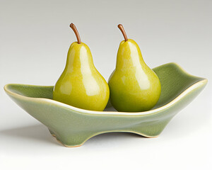 Two glossy green pears nestled in a sage-green ceramic bowl