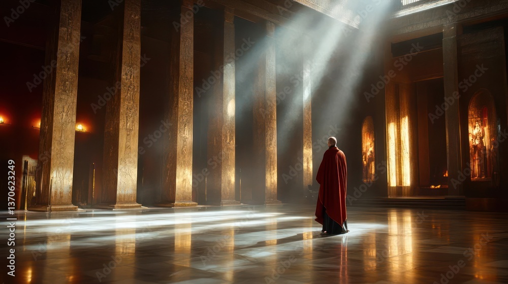 Aufkleber a figure in red robes stands in a vast golden chamber illuminated by beams of light from above. the 