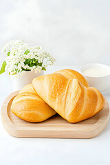 Two golden-brown bread rolls on wooden board, near flowers and milk