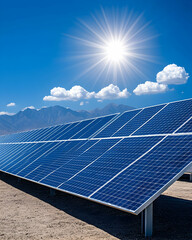 Sunny day solar panel array in a desert landscape