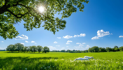 Sunny day in a green field with two white animals resting under a tree
