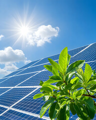 Sunny day, solar panels, and green plant