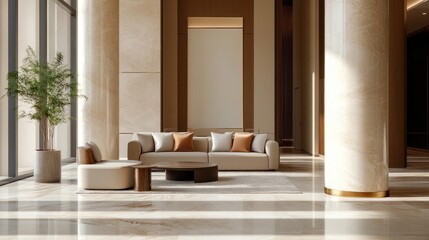 Luxurious interior living space featuring a cream colored sofa with decorative pillows a round coffee table and an indoor plant bathed in soft natural light