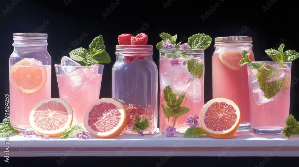 Poster pink refreshing beverages with fruit and mint in glass jars and glasses against a dark background. i