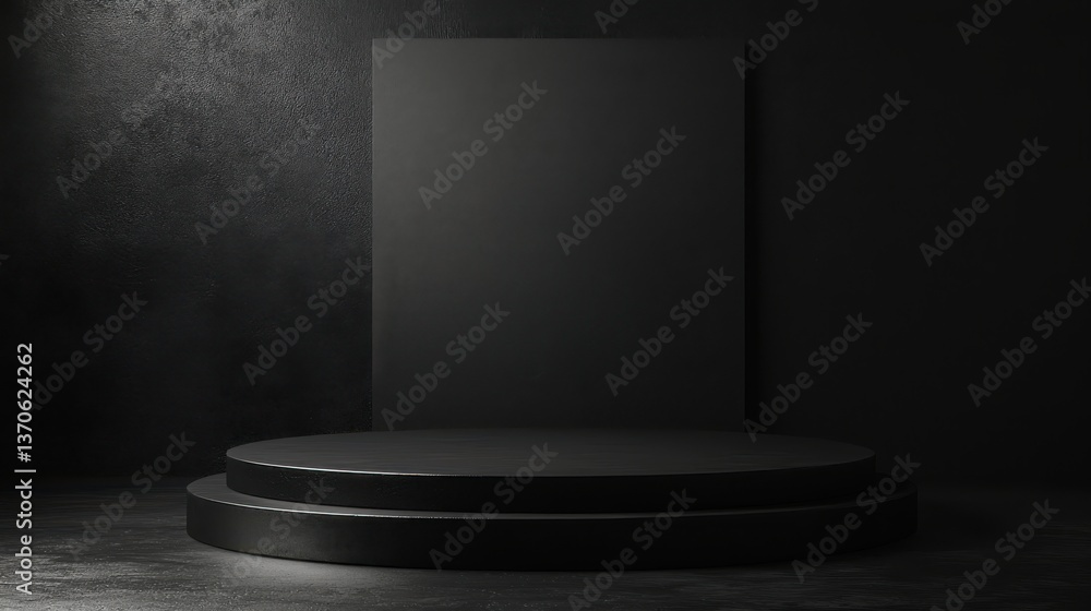 Poster black podium or pedestal display on dark background with long platform. blank product shelf standing