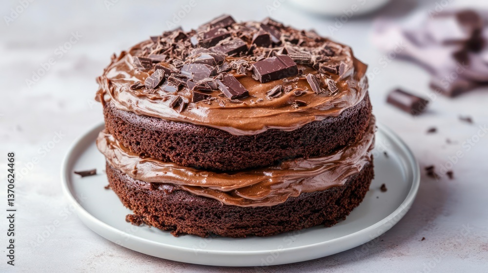 Poster delicious two-layer chocolate cake topped with frosting and chocolate chunks on a white plate. soft 