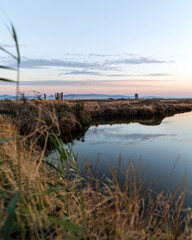 Beautiful sunset or sunrise on the wetland National Park Delta Evros in Thrace Greece near to Feres and Alexandroupolis, near Greek Turkish borders, panoramic view