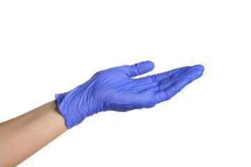 Doctor in medical glove holding something on white background, closeup