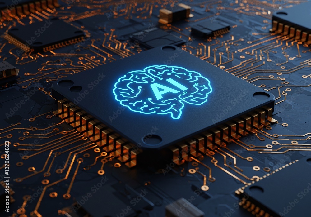 Poster ai brain on circuit board: a futuristic depiction of a circuit board, vividly illuminated with an ai