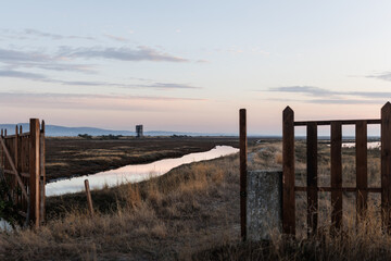 Fototapeta premium Beautiful sunset or sunrise on the wetland National Park Delta Evros in Thrace Greece near to Feres and Alexandroupolis, near Greek Turkish borders, panoramic view