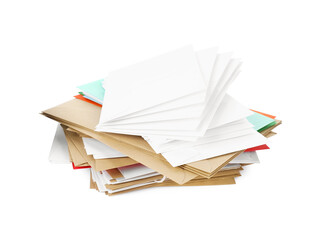 Stack of different paper envelopes on white background. Post office
