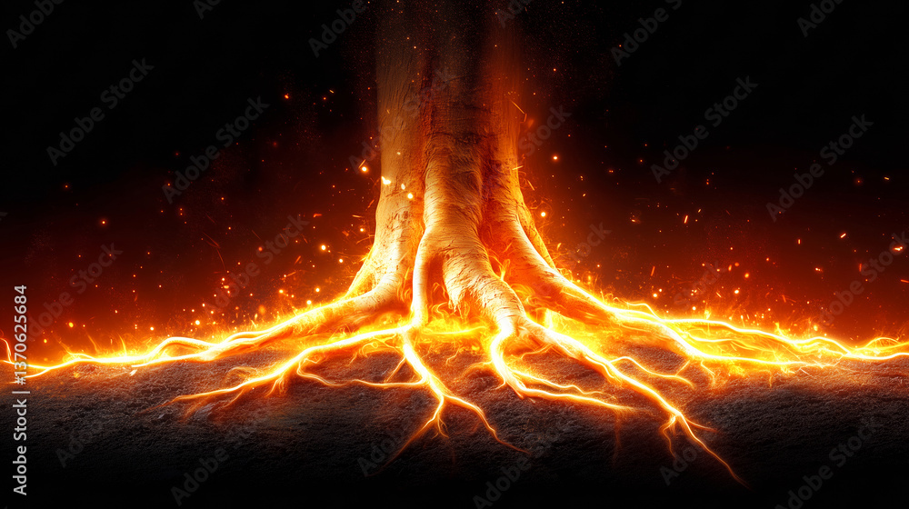 Poster a large tree root glowing with vibrant orange and red colors appears to be surrounded by flowing lav