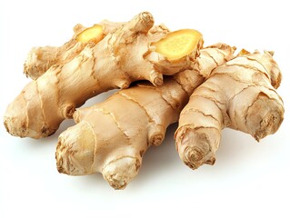 Close Up of Fresh Ginger Roots on White Background Cooking Ingredient