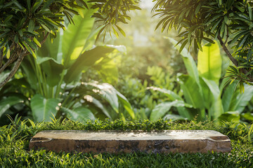 Obraz premium Stones Flat Surface for Product Mockups with Lush Green Forest Backdrop, product showcase, rainforest background, outdoor product display