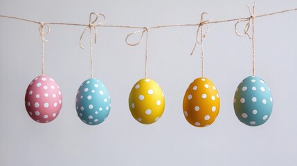 Colorful Easter Eggs Hanging on Twine with White Polka Dots