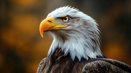 Obraz premium Striking bald eagle portrait. Intense gaze, crisp white feathers, and a vibrant yellow beak command attention. Beautifully blurred background